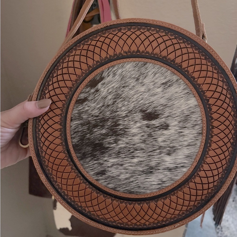 Brown and Black Cowhide/Leather Round Bag